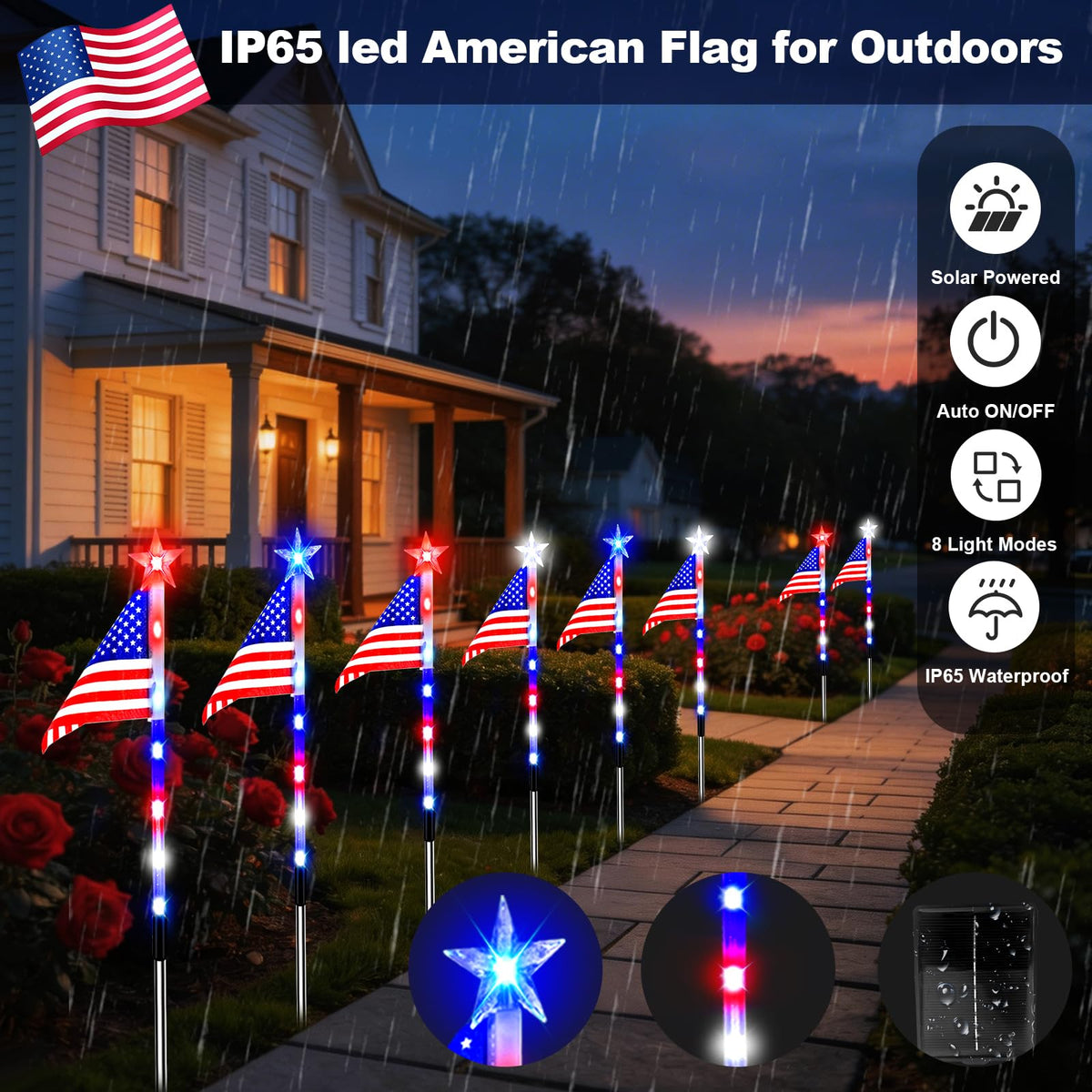 8 Pack Solar Flag Lights 4th of July Decorations Outdoor