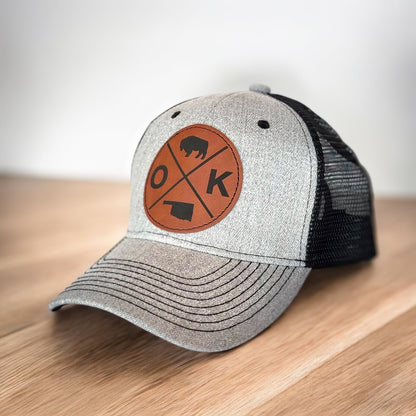 Oklahoma Leatherette Patch Hat OK X Bison Trucker Hat