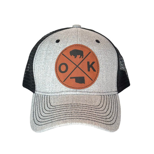 Oklahoma Leatherette Patch Hat OK X Bison Trucker Hat