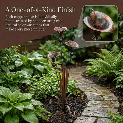 Flamed Copper Three Calla Lilies Garden Stake with Bells