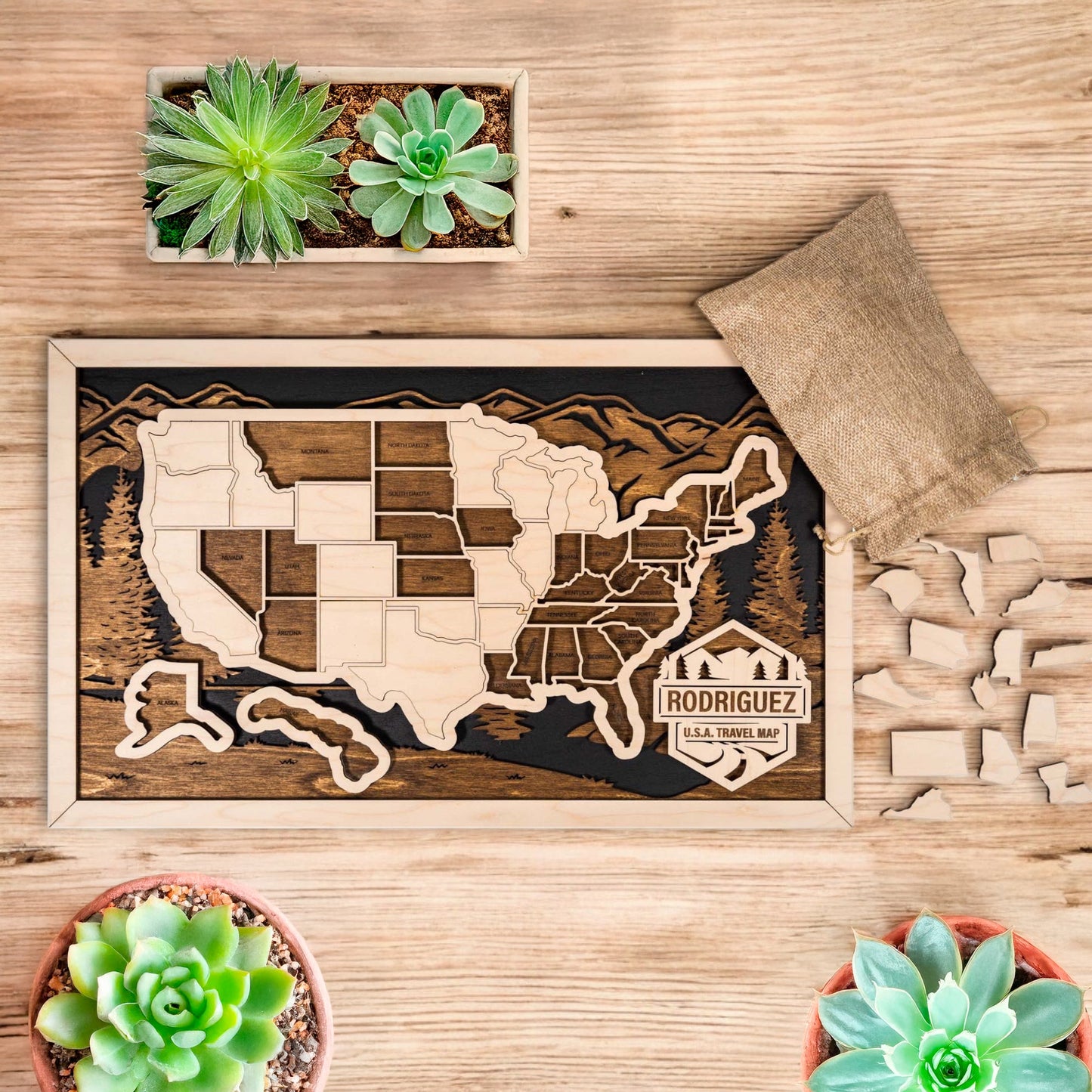 USA Travel Map Wooden Wall Art With Peel and Stick State Pieces